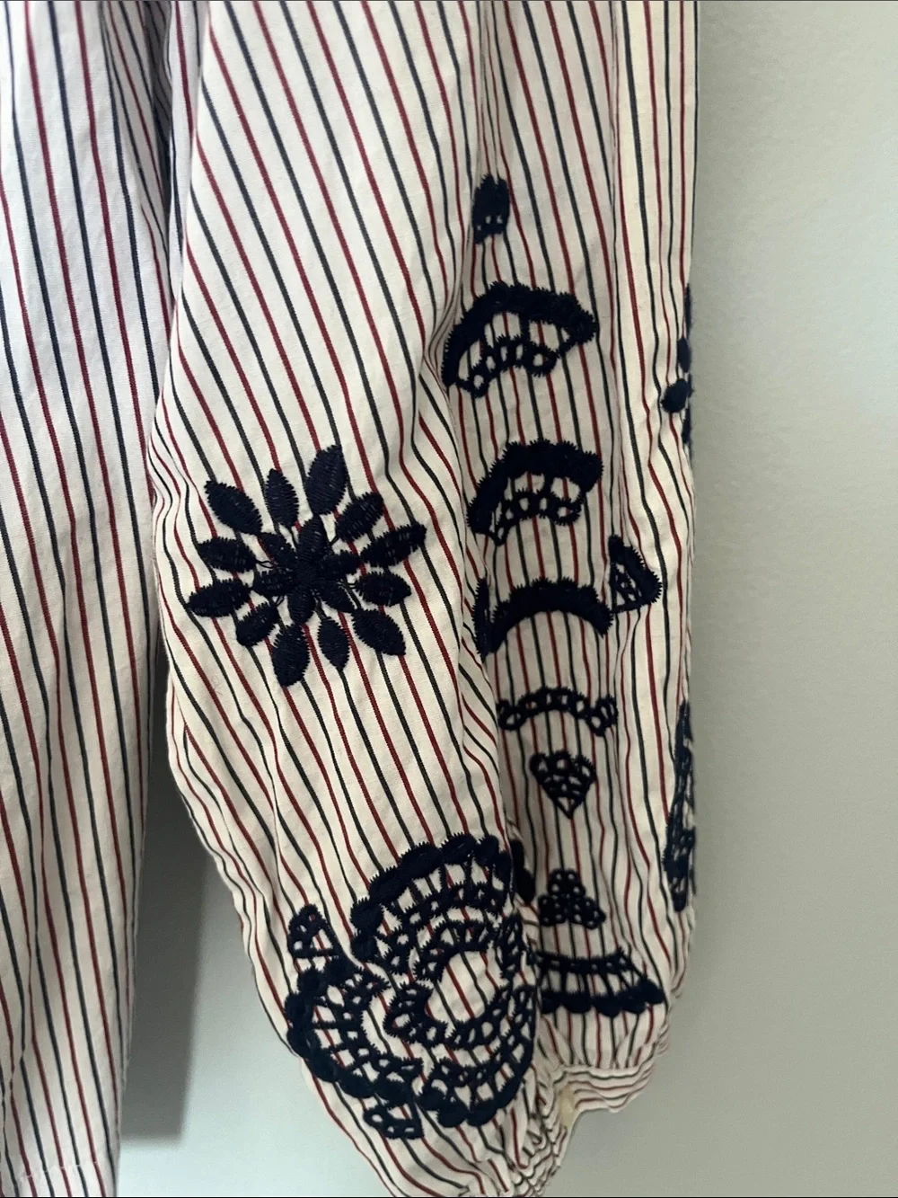 J. Crew Pink and White Striped Tie-Waist Blouse with Navy Embroidery